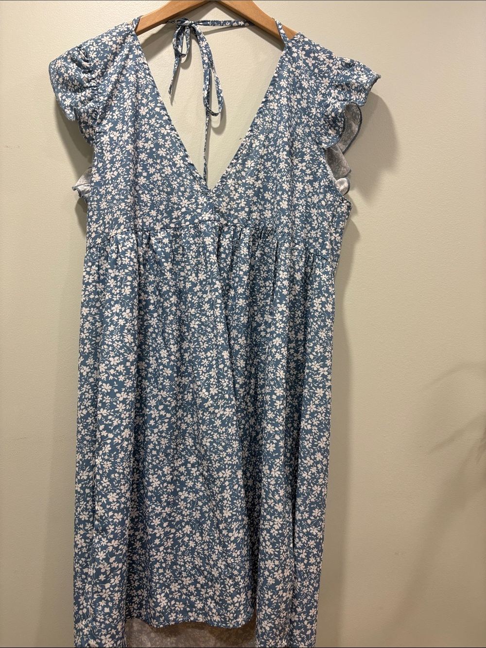 Blue Floral V-Neck Summer Dress Loose Fit